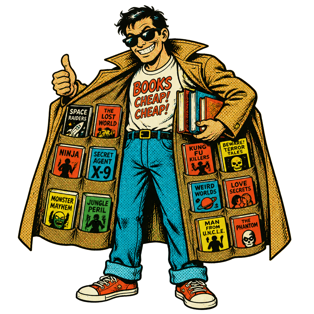Book Hustle mascot: a dorky hustler with a coat full of books